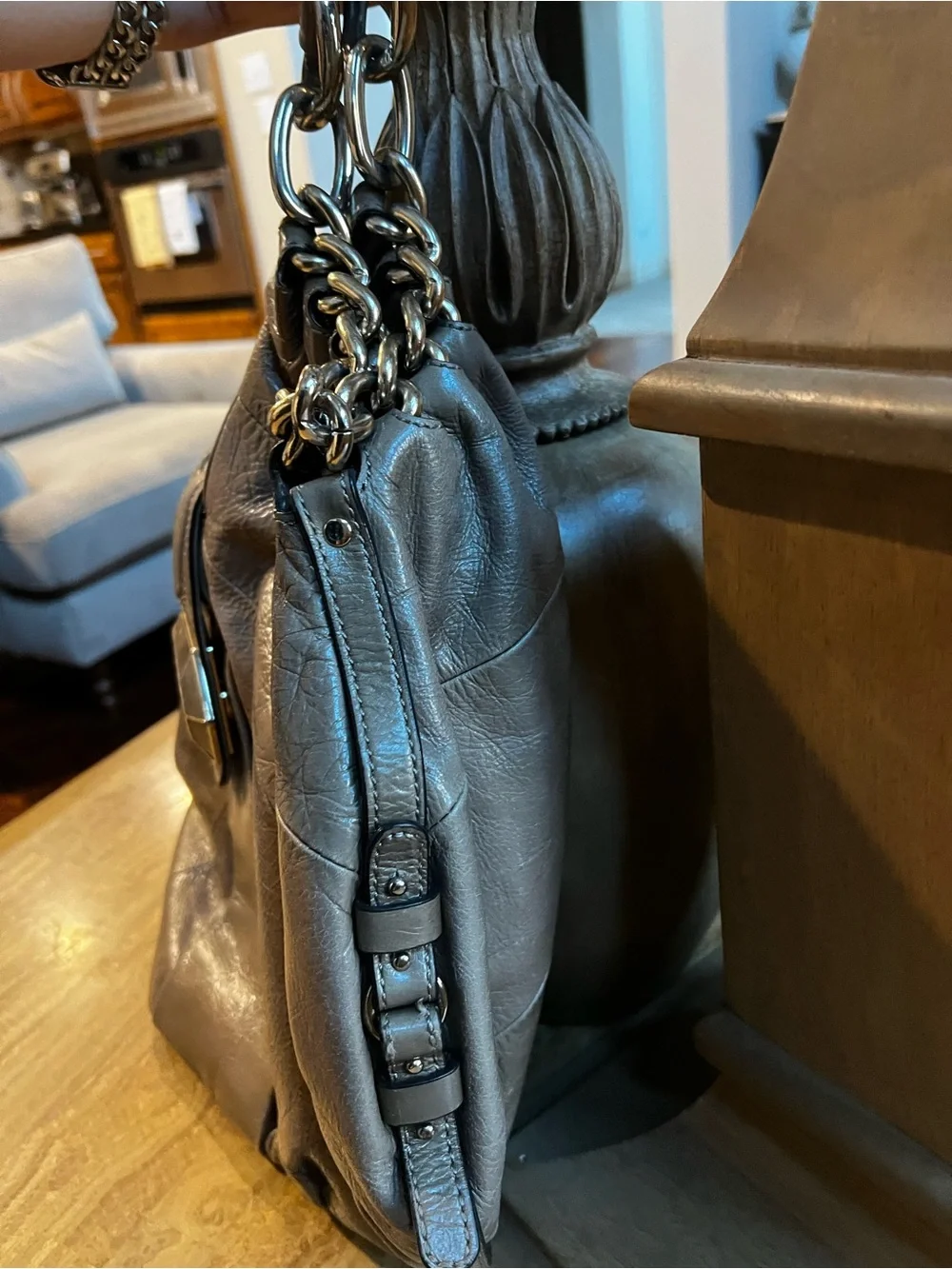 Marciano Taupe Leather Hobo with Chain Hardware.
